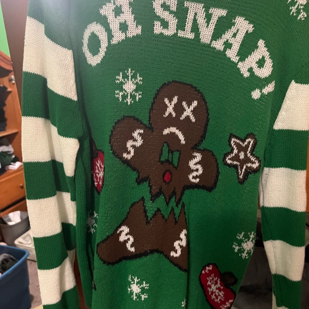 Well Worn Green and White Gingerbread Sweater